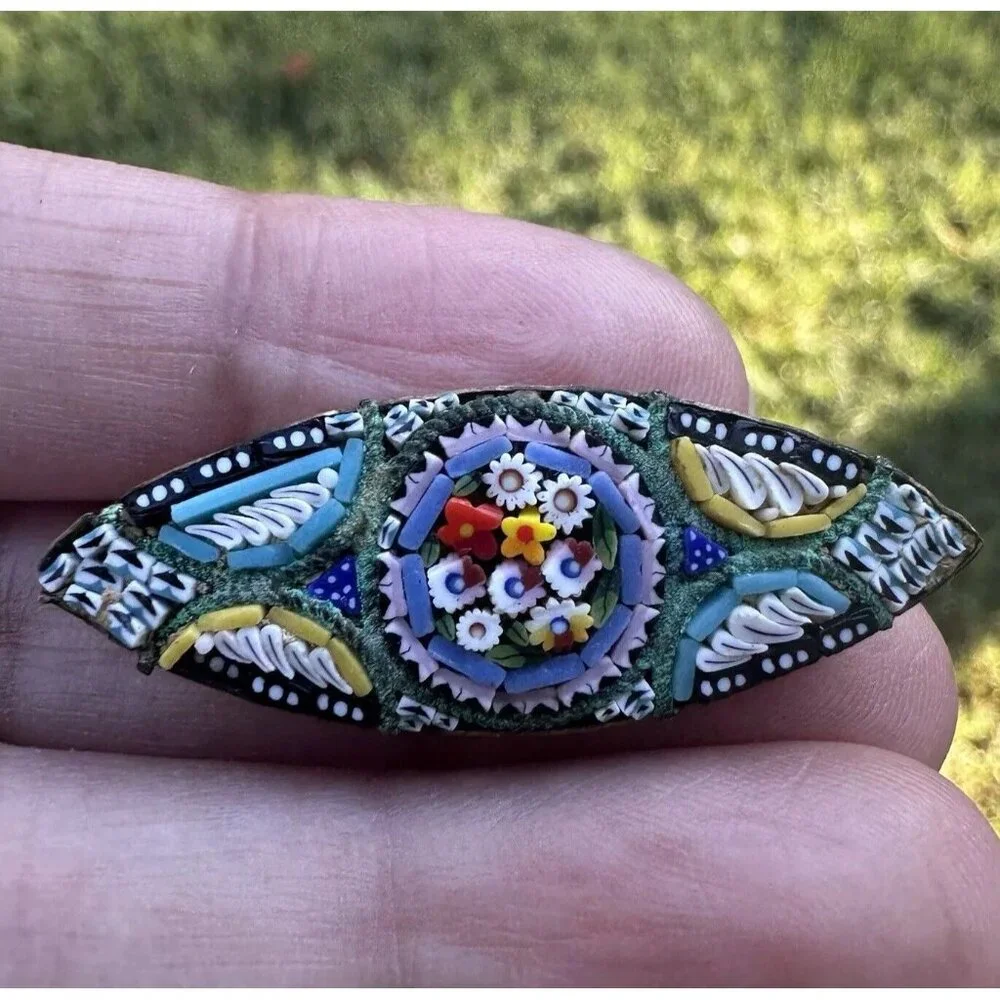 Vintage Brooch Pin 1.625 Inch Multicolor Italian Micro Mosaic Glass Flowers Oval